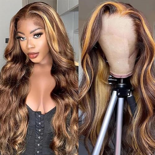 13x6 Lace Front Wigs Human Hair Pre Plucked Highlight Body Wave Human Hair Lace Front Wigs for Black Women 4/27 Colored Ombre Body Wave Lace Frontal Wigs 180% Density (28 inch)
