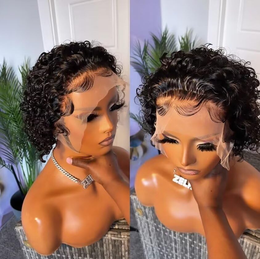 13X6 Transparent Lace Pixie Cut Wig Curly Deep Wave Short Bob Curly Human Hair Wigs Natural Color Water Wave Human Hair Wig Pre Plucked Glueless Short Wave Human Hair Wigs For Woman 150 Brazilian Remy - Image 2