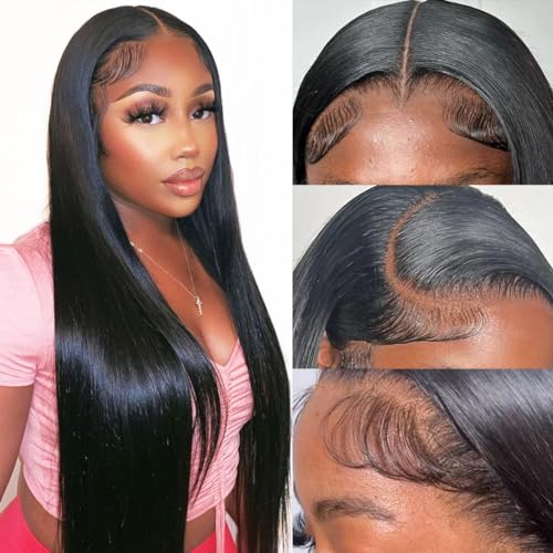13×4 HD Transparent Lace Front Wigs Human Hair Straight Pre Plucked with Baby Hair 26inch 180% Density Frontal Glueless Wigs Human Hair For Black Women Natural Black Color Bleached Knots can be Dyed