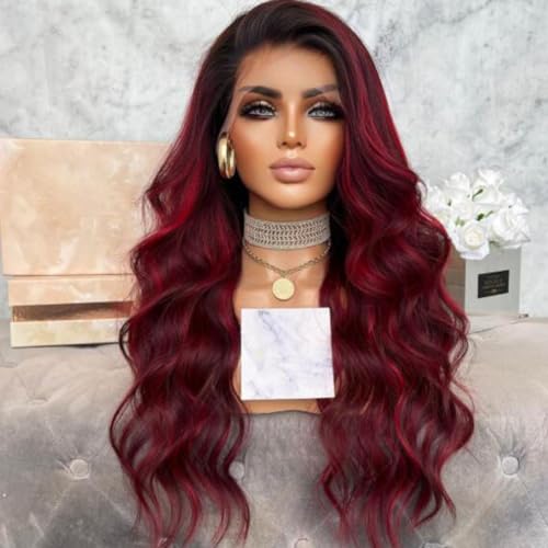 14 Inch 99J Burgundy Ombre Highlight Body Wave Lace Front Human Hair Wig - Image 2