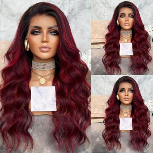 14 Inch 99J Burgundy Ombre Highlight Body Wave Lace Front Human Hair Wig