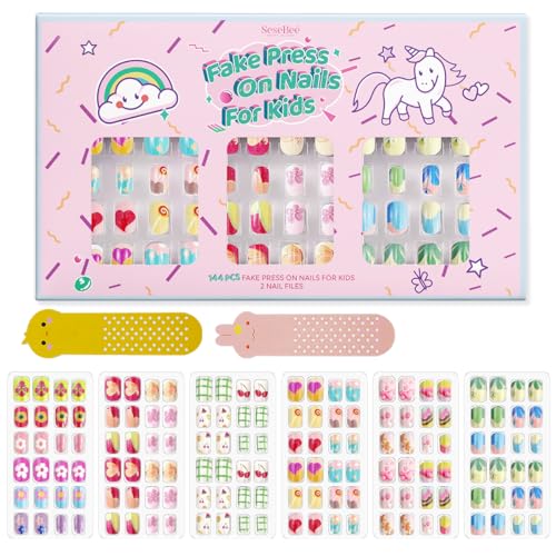 144Pcs Kids Press on Nails Children Girls Press on Short Artificial Fake Nails No fading Stable Quick Stick on Cute Pre Glue Full Cover Acrylic Nail Tip Kit Gift for Kids Nail Decoration (Flower)