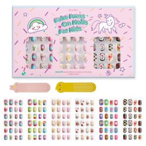 144Pcs Kids Press on Nails Children Girls Press on Short Artificial Fake Nails No fading Stable Quick Stick on Cute Pre Glue Full Cover Acrylic Nail Tip Kit Gift for Kids Nail Decoration (Ice Cream)