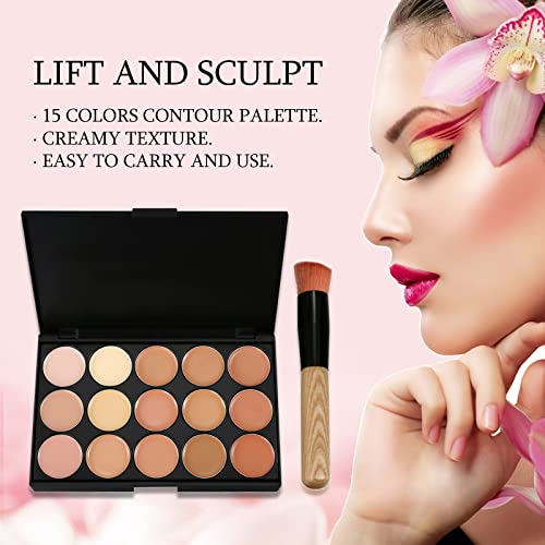 15 Colors Contour Palette Kit Camouflage Concealer Palette Christmas Gifts Eyeshadow Face Cream Makeup Foundation Kit Combination with Powder Brush for Professional and Daily Use - Image 3