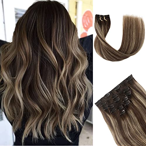 15 Inch 70g Balayage Clip-in Hair Extensions Chestnut Brown Beige Blonde 7 Piece Set