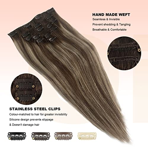 15 Inch 70g Balayage Clip-in Hair Extensions Chestnut Brown Beige Blonde 7 Piece Set - Image 4