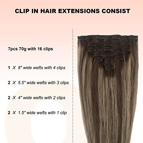 15 Inch 70g Balayage Clip-in Hair Extensions Chestnut Brown Beige Blonde 7 Piece Set - Image 3