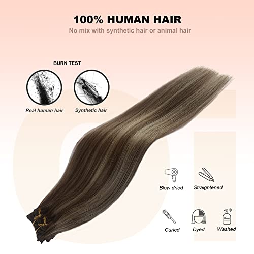 15 Inch 70g Balayage Clip-in Hair Extensions Chestnut Brown Beige Blonde 7 Piece Set - Image 2