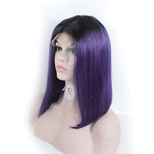 12 Inch 150% Density Ombre #1B/Purple Straight Human Hair Bob Wig 13X6 Lace Front