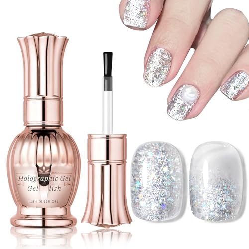 15ml Glitter Silver Gel Nail Polish, Sparkle Silver Holographic Sequins Glitter Gel Polish, High Shine Long Lasting Glossy Gel Polish Soak off UV LED Nail Art Manicure DIY Salon Home#2