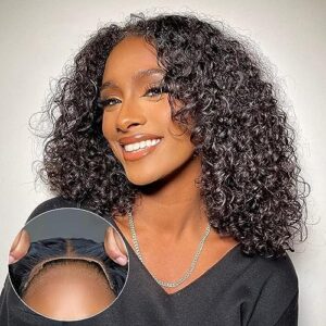 16 Inch Kinky Curly Human Hair Glueless Bob Wig 180% Density Natural Black