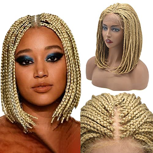 16" Inch Full Lace Front Box Braid Wigs For Black Women With Natural Baby Hair Micro Twist Cornorow Braids Lightweight Synthetic Wigs (#27/613M Blonde)