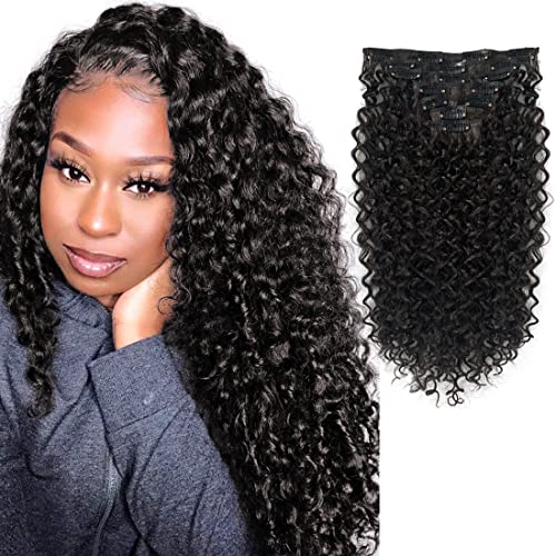 16 Inch Kinky Curly Clip-In Hair Extensions, 7 Piece Set, Double Weft, Full Head, Heat Resistant Synthetic, Natural Black