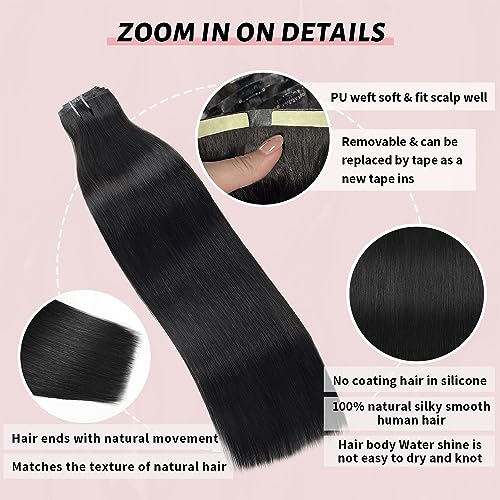16 inch Seamless Clip in Hair Extensions Human Hair 110g 7pcs Invisible Clip in Hair Extensions Black Women PU Weft Real Human Hair Extensions Clip ins Hair Pieces 1B Natural Black Straight - Image 4