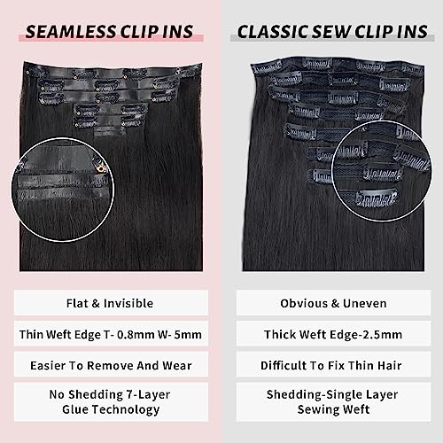 16 inch Seamless Clip in Hair Extensions Human Hair 110g 7pcs Invisible Clip in Hair Extensions Black Women PU Weft Real Human Hair Extensions Clip ins Hair Pieces 1B Natural Black Straight - Image 2