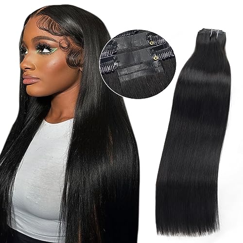 16 inch Seamless Clip in Hair Extensions Human Hair 110g 7pcs Invisible Clip in Hair Extensions Black Women PU Weft Real Human Hair Extensions Clip ins Hair Pieces 1B Natural Black Straight