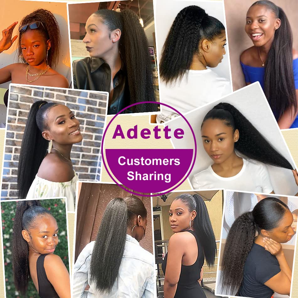 16 Inches Kinky Straight Ponytails Human Hair Drawstring Ponytail Extension Kinky Straight Clip in Pony Tail Hair Extensions for Black Women Natural Black Hair Pieces - Image 6