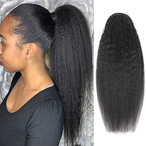 16 Inches Kinky Straight Ponytails Human Hair Drawstring Ponytail Extension Kinky Straight Clip in Pony Tail Hair Extensions for Black Women Natural Black Hair Pieces
