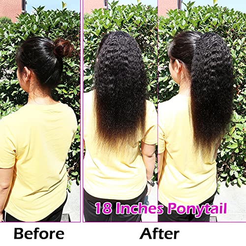 16 Inches Kinky Straight Ponytails Human Hair Drawstring Ponytail Extension Kinky Straight Clip in Pony Tail Hair Extensions for Black Women Natural Black Hair Pieces - Image 5