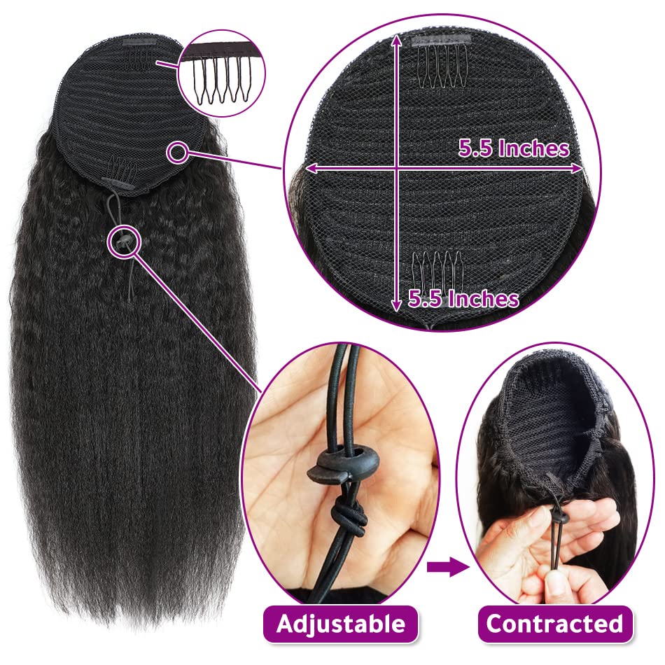 16 Inches Kinky Straight Ponytails Human Hair Drawstring Ponytail Extension Kinky Straight Clip in Pony Tail Hair Extensions for Black Women Natural Black Hair Pieces - Image 4