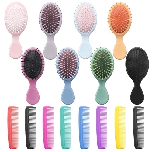 16 Pack Mini Hair Brush, Travel Detangling Brush ANSLCA Bulk Hair Brushes Set - Include 8 Mini Brush for Hair + 8 Fine Wide Hair Combs Wet Dry Hair for Girls Kids Women Boys Men, Multicolor