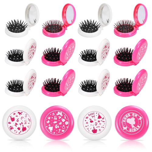 16 Pcs Folding Travel Hair Brush with Mirror,Small Pocket Hair Brush Portable Mini Hair Comb Wet and Dry Hair for Women Girls Kids