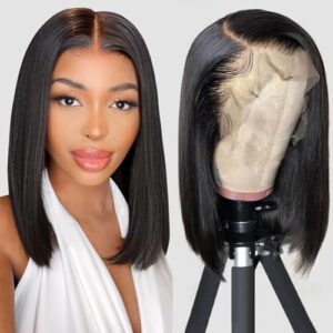 16Inch Bob Wig Human Hair 13x4 HD Lace Front Wigs Human Hair For Black Women 180% Density Glueless Wigs Pre Plucked with Baby Hair Lace Frontal Short Straight Bob Wigs Natural Color