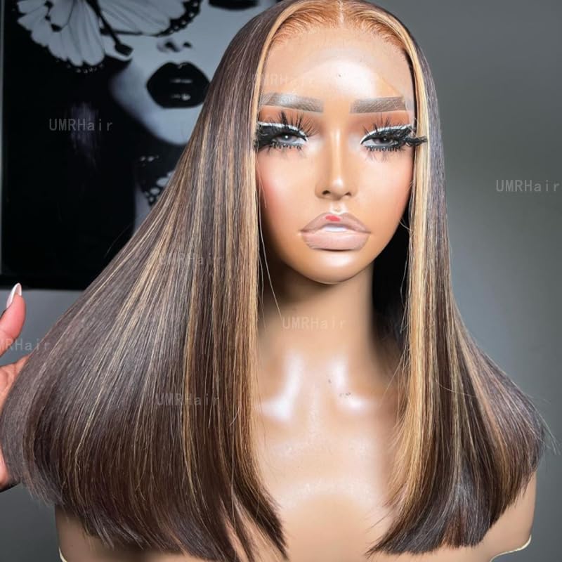 16inch Highlight Blunt Cut Bob Human Hair 13x4 Frontal Lace Wig Brown Blonde 2#Highlight 27# Brazilian Remy Hair 180% Glueless Short Bob Wigs Ombre Wig Pre Plucked with Baby Hair for Women