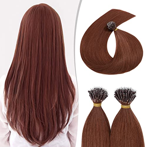 16inch Nano Beads Ring Hair Extensions Human Hair Dark Auburn Pre Bonded I Tip Keratin Cold Fusion Stick Tipped Hairpiece Iron Loop Link Straight Micro Bead Remy Hair for Women #33 50g 50strands