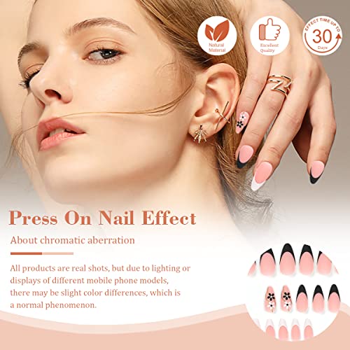Oval French Nails Tips Press On Nails Medium Almond Fake Nails with Black White Flowers Design Nude Glue on Nails Glod Stripe Matte Stick on Nails Small Florets Acrylic False Nails for Women Girls - Image 7