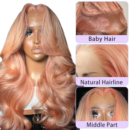 Pink Blonde Lace Front Wig Human Hair 13x4 HD Lace Rose Gold Human Hair Wigs Pre Plucked Peachy Blonde Colored Wig Human Hair For Women 150% Density Strawberry Blonde Body Wave Lace Front Wig 20 Inch - Image 2