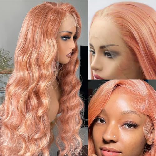 Pink Blonde Lace Front Wig Human Hair 13x4 HD Lace Rose Gold Human Hair Wigs Pre Plucked Peachy Blonde Colored Wig Human Hair For Women 150% Density Strawberry Blonde Body Wave Lace Front Wig 20 Inch - Image 4