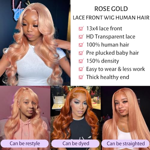 Pink Blonde Lace Front Wig Human Hair 13x4 HD Lace Rose Gold Human Hair Wigs Pre Plucked Peachy Blonde Colored Wig Human Hair For Women 150% Density Strawberry Blonde Body Wave Lace Front Wig 20 Inch - Image 5