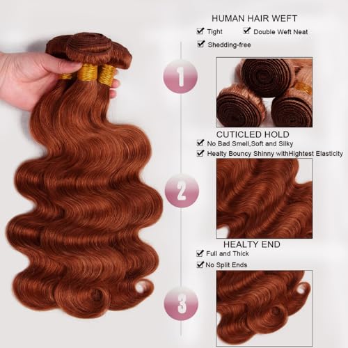 18 18 18 Inch Color #33 Body Wave Bundles Reddish Brown Bundle 8A Brazilian Virgin Reddish Brown Bundles Human Hair Double Weft Copper Red Bundle Human Hair Extensions - Image 3