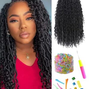 18 inch 6 Packs 144 Strands New Goddess Locs Crochet Hair-Pre Looped Faux Locs with Bohemian Curly Branch,Natural Black Soft River Locs Synthetic Hair Extensions for Black Women（1B）