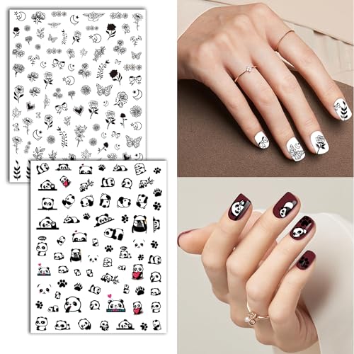 18 Sheets Nail Art Stickers for Women Girls Kids, Panda Lips Sunflower Love Heart Fruit Self-Adhesive Nail Stickers for Nail Art Decoration with Tweezers and Sticks - Image 2
