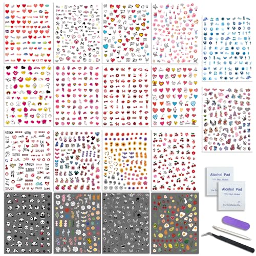 18 Sheets Nail Art Stickers for Women Girls Kids, Panda Lips Sunflower Love Heart Fruit Self-Adhesive Nail Stickers for Nail Art Decoration with Tweezers and Sticks - Image 6