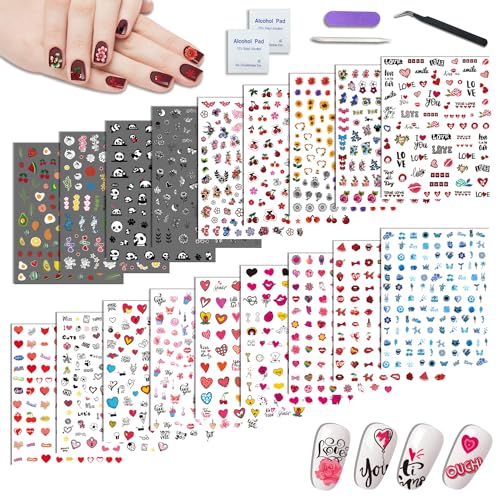 18 Sheets Nail Art Stickers for Women Girls Kids, Panda Lips Sunflower Love Heart Fruit Self-Adhesive Nail Stickers for Nail Art Decoration with Tweezers and Sticks