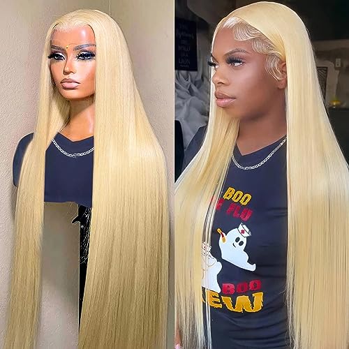 180% Density 613 Lace Front Wig Human Hair 28 Inch Straight Blonde 13x4 Transparent HD Frontal Wigs Pre Plucked with Natural Hairline 10A Brazilian Remy Human Hair Wigs for Women