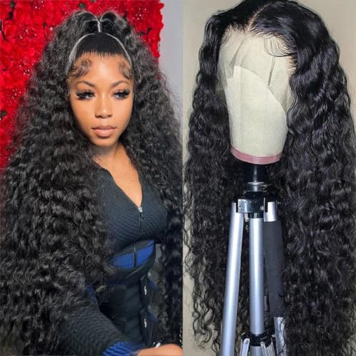 180 Density HD 13X6 Transparent Deep Wave Curly Human Hair Lace Frontal Wig 26 Inch 13X6 Lace Front Human Hair Wigs for Women Pre Plucked
