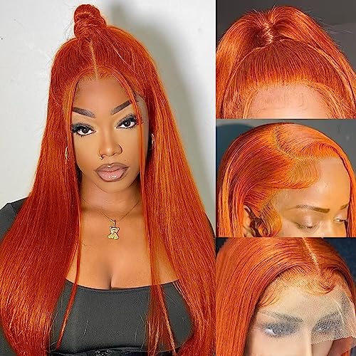 18inch Ginger Lace Front Wigs Human Hair Ginger Orange Straight Human Hair Wig 13x4 Hd Lace 88j Colored Wigs Human Hair Pre Plucked With Baby Hair 180% Density Ginger Glueless Wig