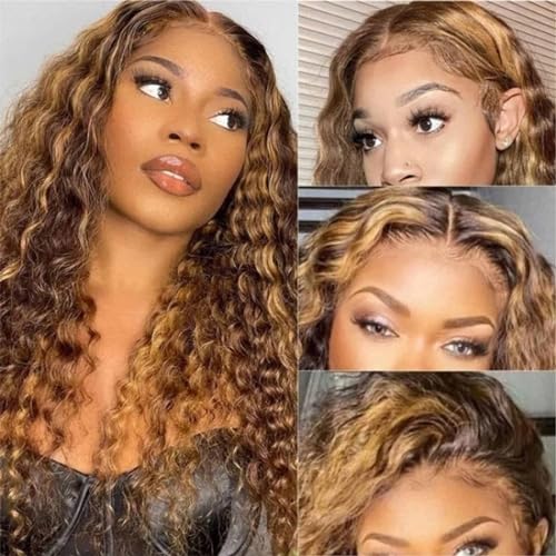 18Inch Ombre Highlight Lace Front Human Hair Wigs Brazilian Water Wave 13x4 Lace Front Curly Human Hair Wig Pre Plucked with Baby Hair Curly wig for Women 150% Density 4/27 Honey Blonde Color