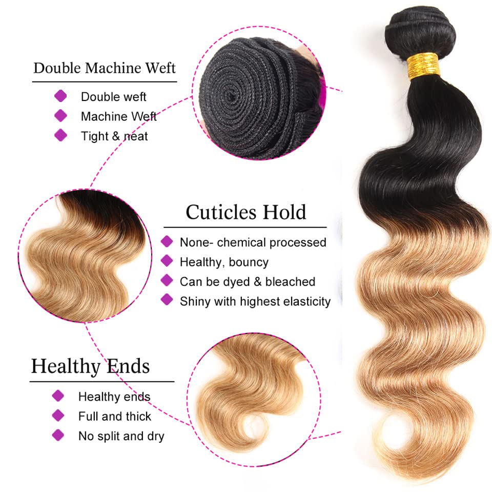 1B27 Bundles Honey Blonde Human Hair Ombre Bundles Honey Blonde Body Wave Human Hair 24 26 28 Inch Wefts Ombre Body Wave Hair Bundles 3 Bundles Brazilian Human Hair Extension For Black Women 100G/Pc - Image 3