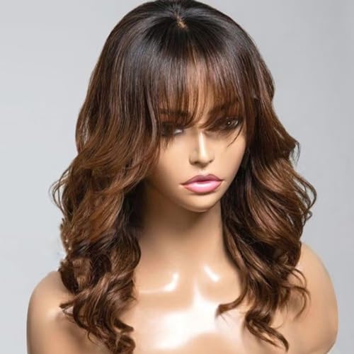 1b30 Ombre Brown Layered Cut Wavy Human Hair Wig With Bangs 13X4 HD Invisible Lace Front Wig Pre Plucked For Women Glueless Wig Brazilian Remy Hair With Baby Hair 150% Density 20Inch