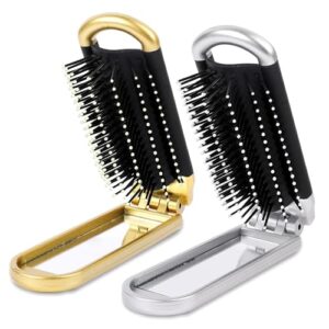 2 Pack Foldable Travel Hair Brush with Compact Mirror Mini Nylon Bristle Brush Small Travel Wet Hairbrush Portable Hair Massage Comb for Car Gym Bag Purse, Pocket Size Hair Brushes for Women and Men