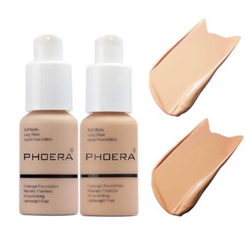 2 Pack PHOERA Liquid Foundation 102 Nude 104 Buff Beige 24 Hr Oil Control Full Coverage