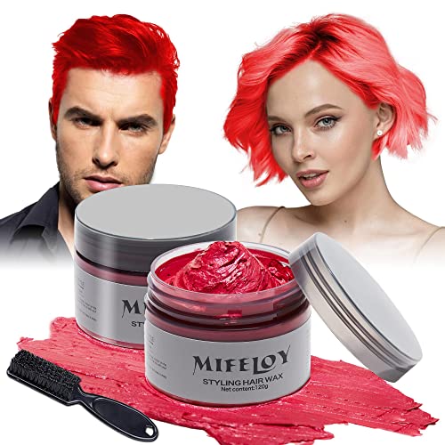 2 Pack Temporary Red Hair Spray Color Wax with 1 Dye Brush, Instant Natural Hairstyle Cream 4.23 oz, Disposable Coloring Mud for Men Women Youth, Washable Styling Pomades, Party Cosplay DIY Halloween
