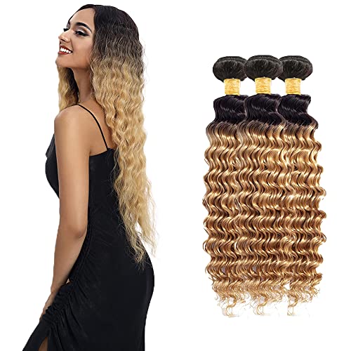 20 22 24 Inch Honey Blonde Ombre Deep Wave Human Hair Bundles 1b/27 Double Weft