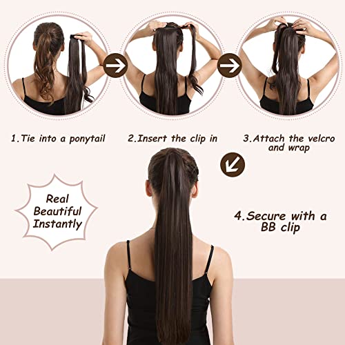 20" Human Hair Ponytail Extensions 95g #2 Dark Brown 100% Remy Human Hair Wrap Around Long Ponytail Clip in Hair Extensions Straight One Piece Hairpiece (20", Dark Brown) - Image 5