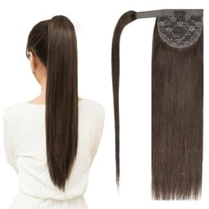 20" Human Hair Ponytail Extensions 95g #2 Dark Brown 100% Remy Human Hair Wrap Around Long Ponytail Clip in Hair Extensions Straight One Piece Hairpiece (20", Dark Brown)